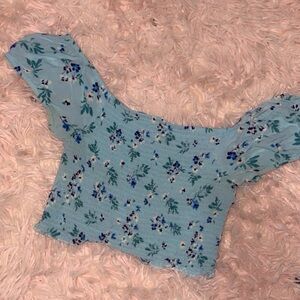 Light blue (Dark blue flower) princess crop top, with puffed, cute shoulders.
